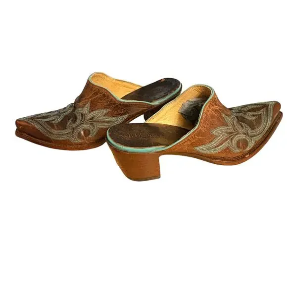 Old Gringo Leather Made In Mexico Brown w/ Teal Detail Western Style Mules sz 8 - Picture 5 of 14